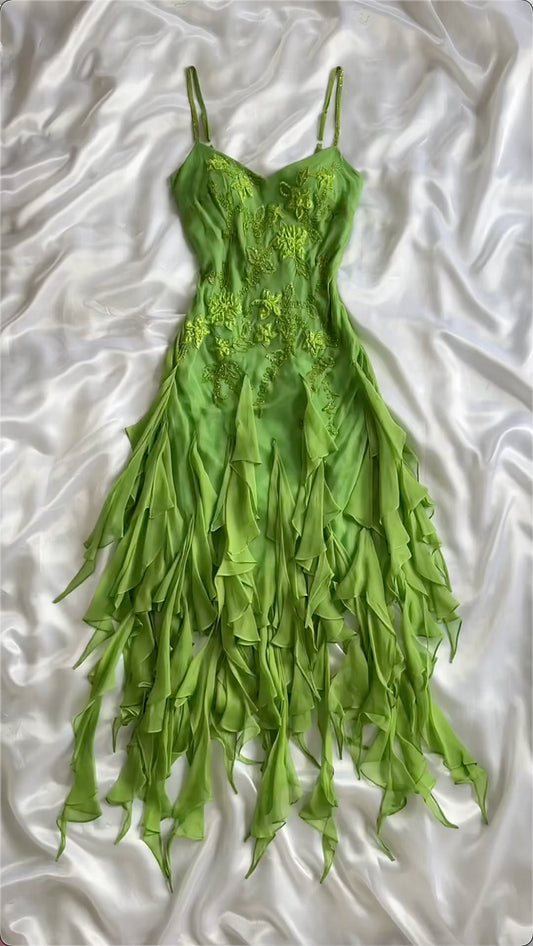 Green shiny fashion exquisite floral beading spaghetti straps long chiffon ruffles long ball gown evening dress party dress gh3403