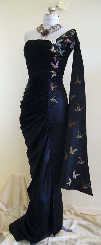 Girlhomeshops-Navy Blue Butterfly Long Satin Fashion One Shoulder Floor Length  Prom Dress Evening Dress Graduation Dress gh5197