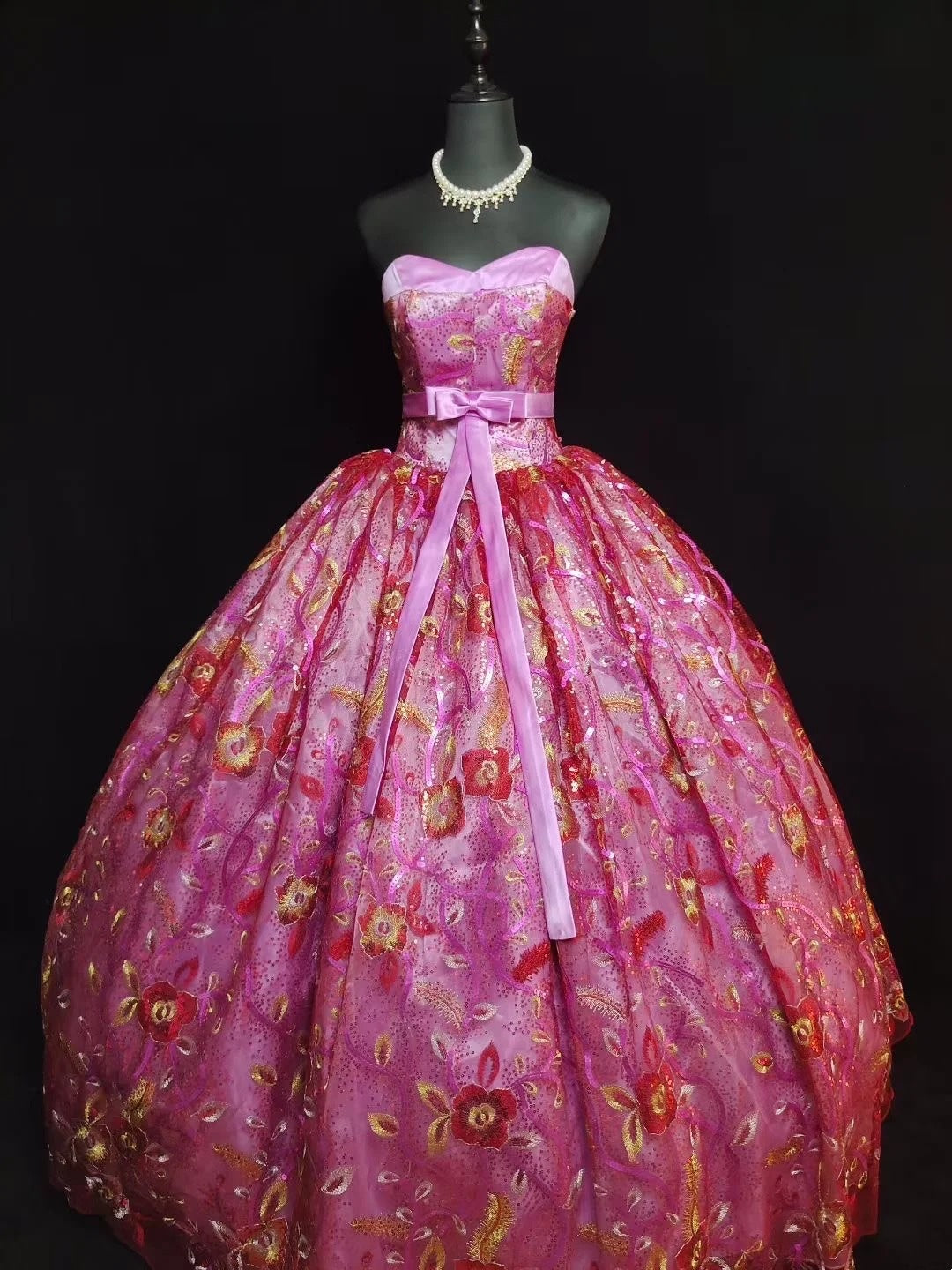 girlhomeshops-Pink Delicate Beaded Long Tulle Ball Gown gh6290