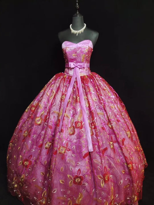 girlhomeshops-Pink Delicate Beaded Long Tulle Ball Gown gh6290