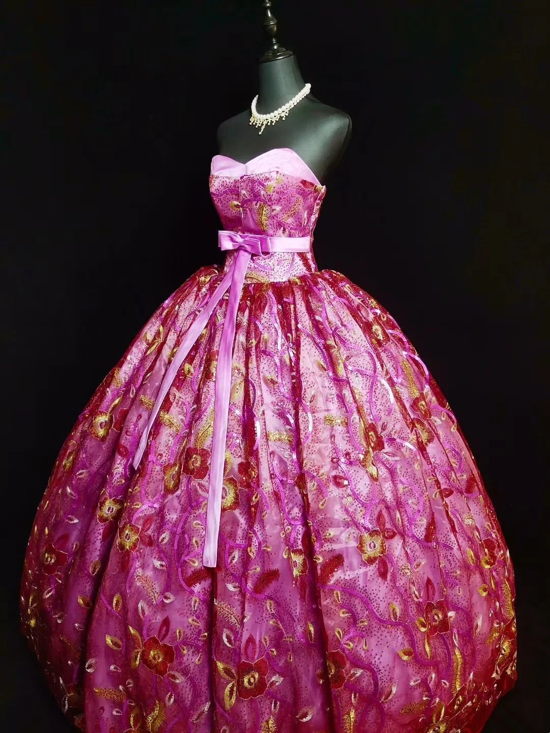 girlhomeshops-Pink Delicate Beaded Long Tulle Ball Gown gh6290