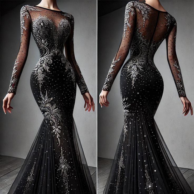 Girlhomeshops-Schwarzes, wunderschönes, elegantes, exquisites, mit Perlen besetztes, langes, bodenlanges Meerjungfrau-Abschlussballkleid aus Tüll, Abendkleid gh5412