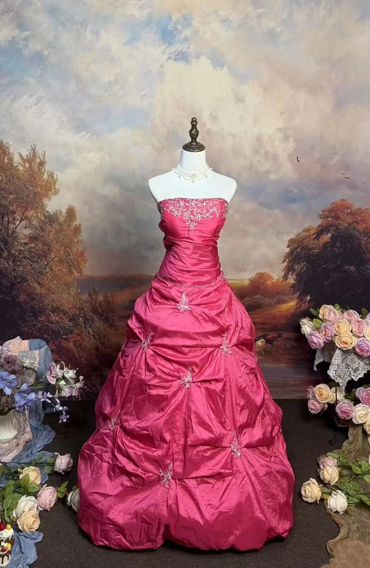 girlhomeshops-Pink Delicate Floral Long Satin Ball Gown gh6293