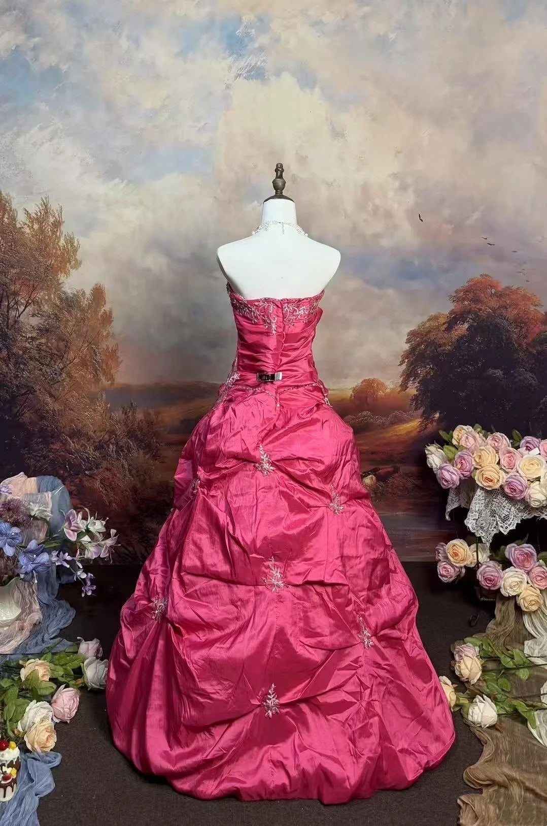 girlhomeshops-Pink Delicate Floral Long Satin Ball Gown gh6293