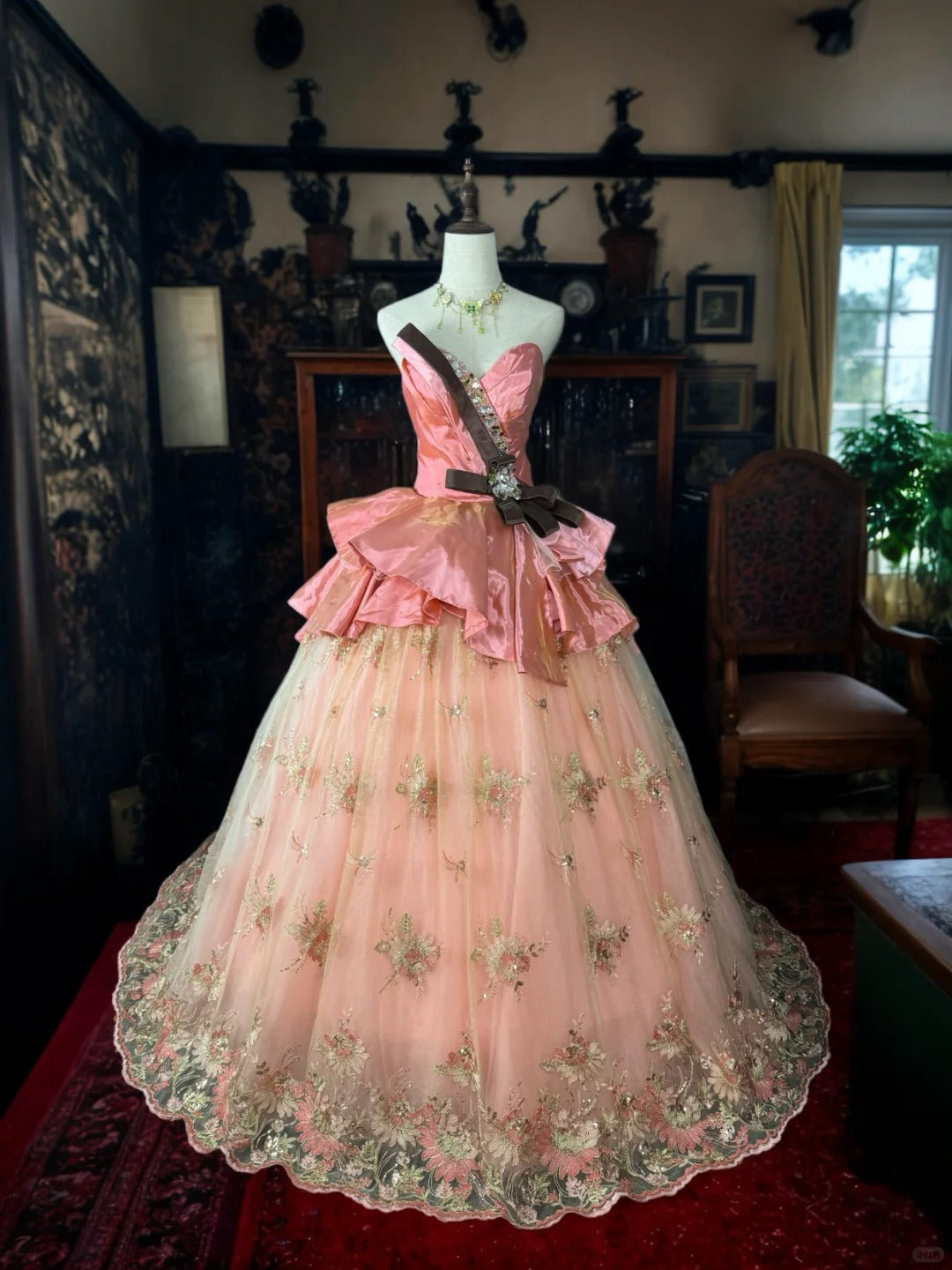 Girlhomeshops-Pink Delicate Floral Long Tulle Ball Gown gh5351