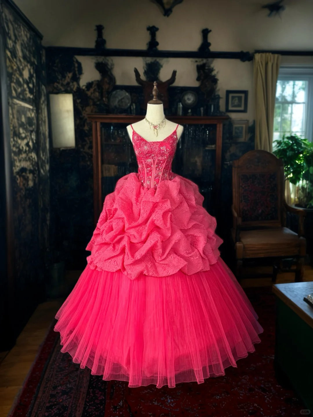 Girlhomeshops-PDark Pink Glitter Tulle Princess Long Formal Prom Dress gh5359