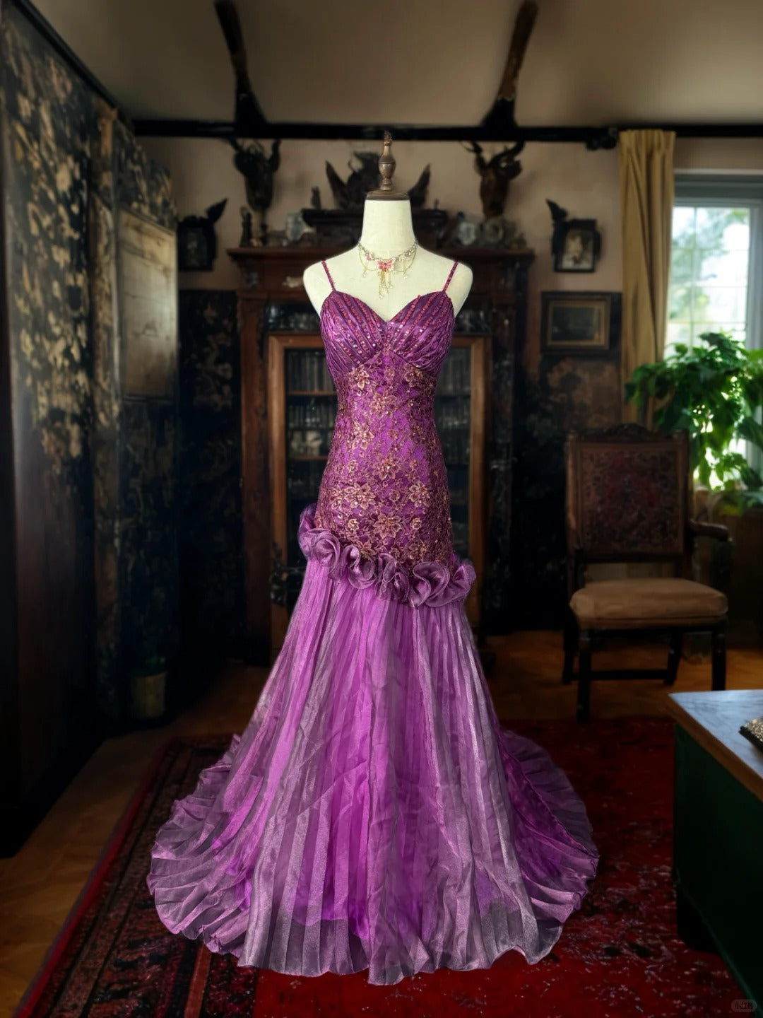 Girlhomeshops-Purple gorgeous floral exquisite beaded long satin tulle mermaid prom dress evening dress gh5353