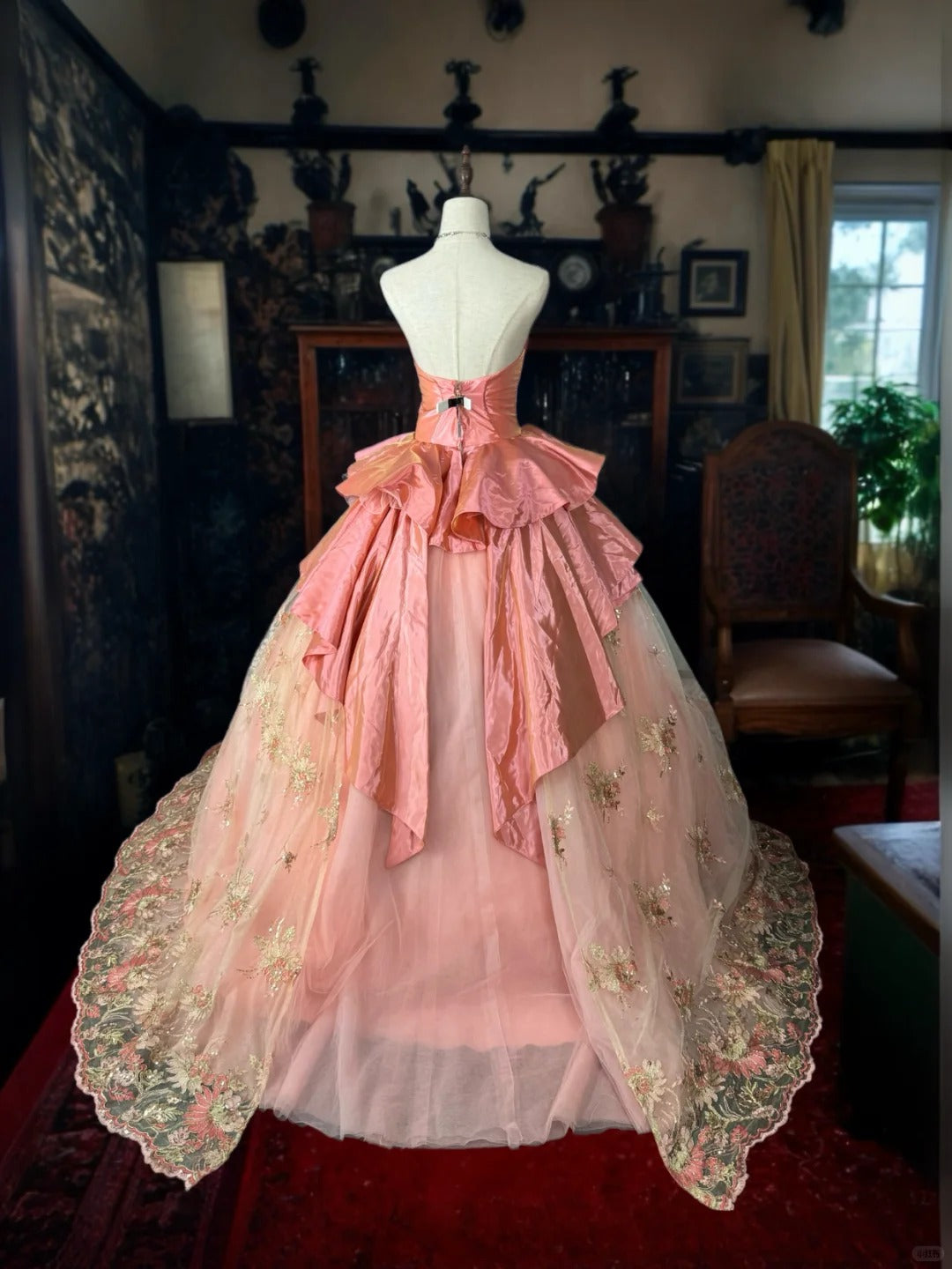 Girlhomeshops-Pink Delicate Floral Long Tulle Ball Gown gh5351