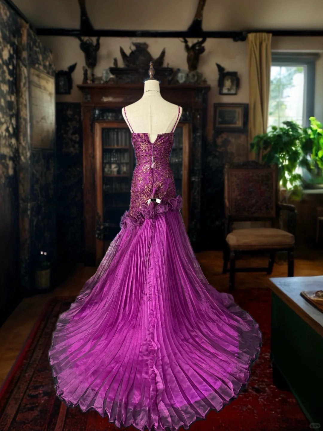 Girlhomeshops-Purple gorgeous floral exquisite beaded long satin tulle mermaid prom dress evening dress gh5353