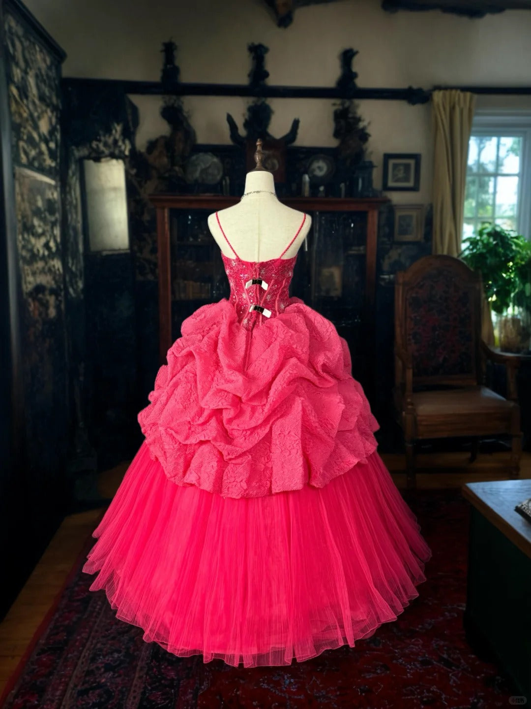 Girlhomeshops-PDark Pink Glitter Tulle Princess Long Formal Prom Dress gh5359