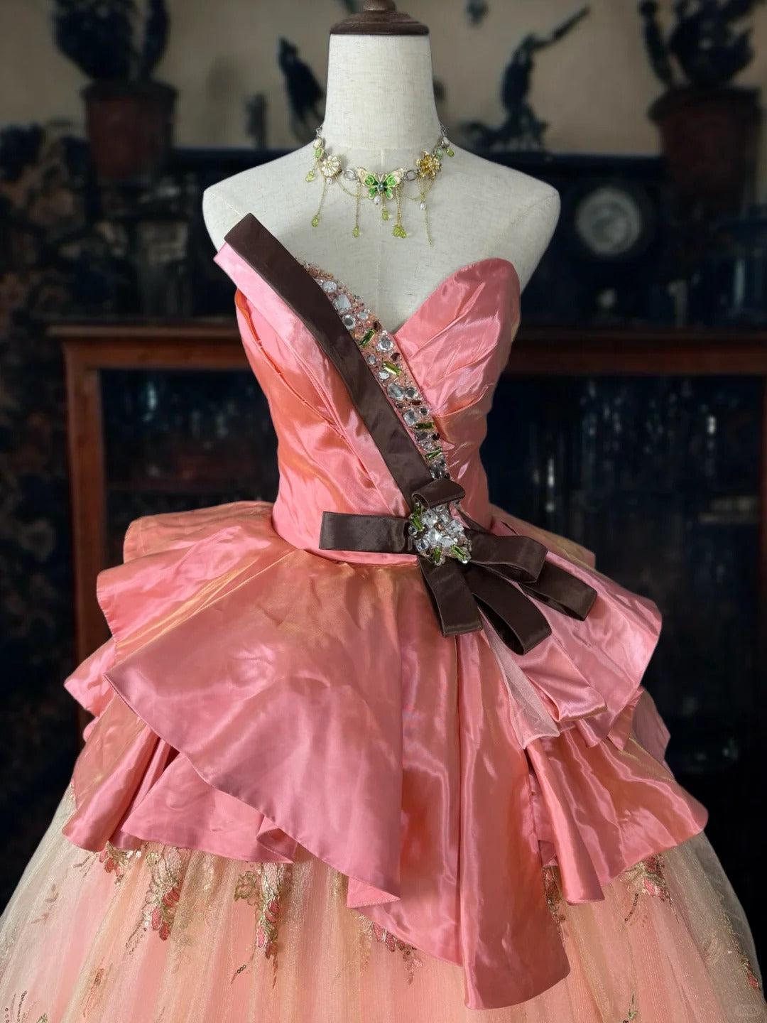 Girlhomeshops-Pink Delicate Floral Long Tulle Ball Gown gh5351