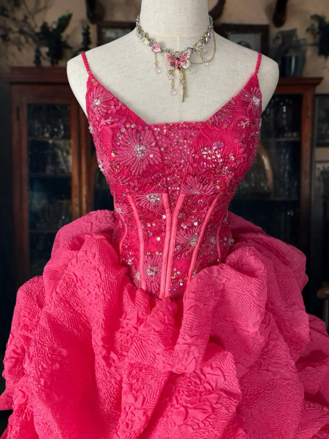 Girlhomeshops-PDark Pink Glitter Tulle Princess Long Formal Prom Dress gh5359