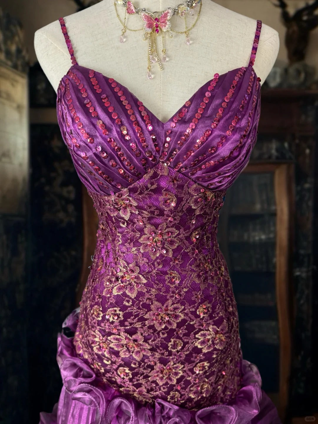 Girlhomeshops-Purple gorgeous floral exquisite beaded long satin tulle mermaid prom dress evening dress gh5353
