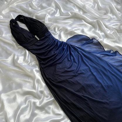 Robe de soirée longue en mousseline de soie bleu foncé/violet, élégante et brillante, avec bretelles perlées, robe de bal, robe de soirée, robe de remise de diplôme gh3507