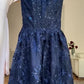 Robe de soirée élégante en tulle et dentelle, style vintage, bleu marine, sans bretelles, coupe trapèze, longue, gh3616