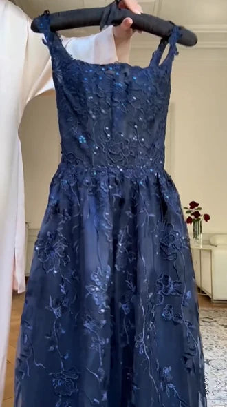 Robe de soirée élégante en tulle et dentelle, style vintage, bleu marine, sans bretelles, coupe trapèze, longue, gh3616