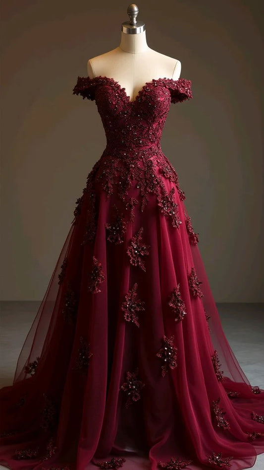 girlhomeshops - Robe de bal longue en tulle bordeaux à appliqués floraux délicats gh5634