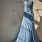 Dusty Blue Strapless Shimmering Organza Mermaid Gown with Ruched Bodice & Train gh7095