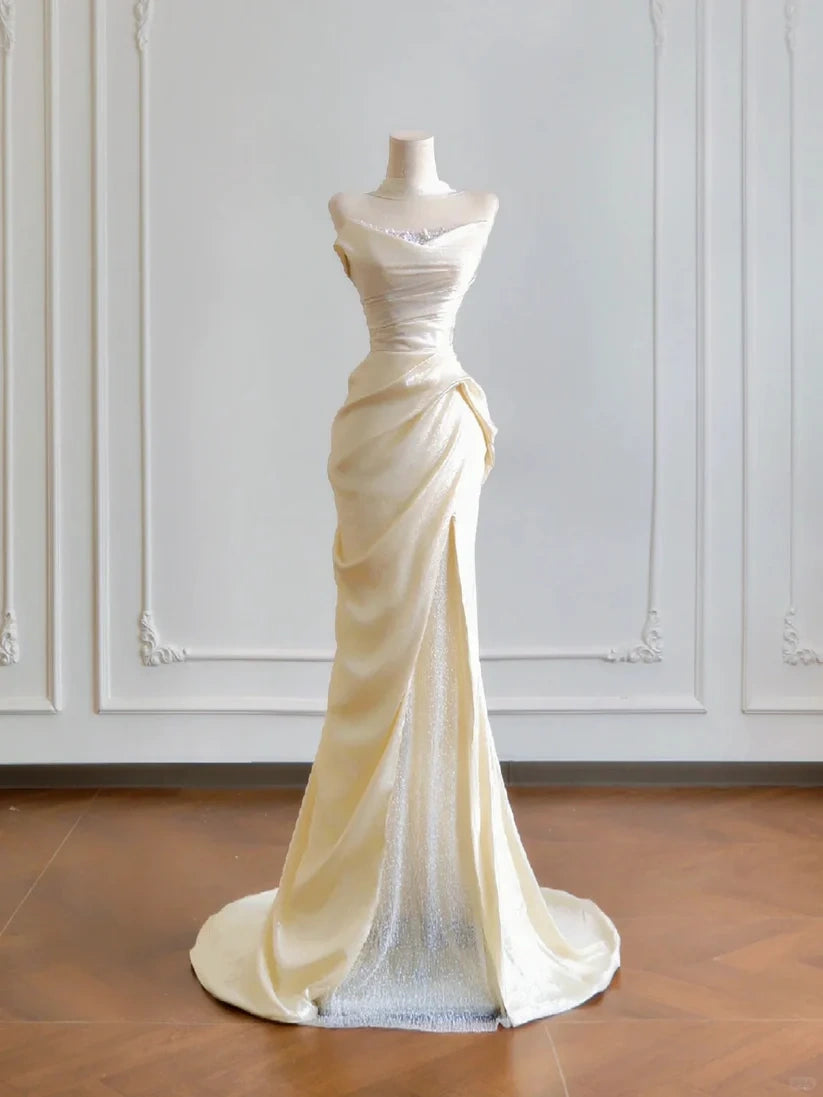 Girlhomeshops--✨Cream yellow long satin prom dress gh5480