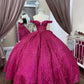 Fuchsia Sequin Off-the-shoulder Ball Gown: Heavy Sparkle Tulle, Heart Neckline Waist, Banquet Centerpiece Princess Dress gh6588