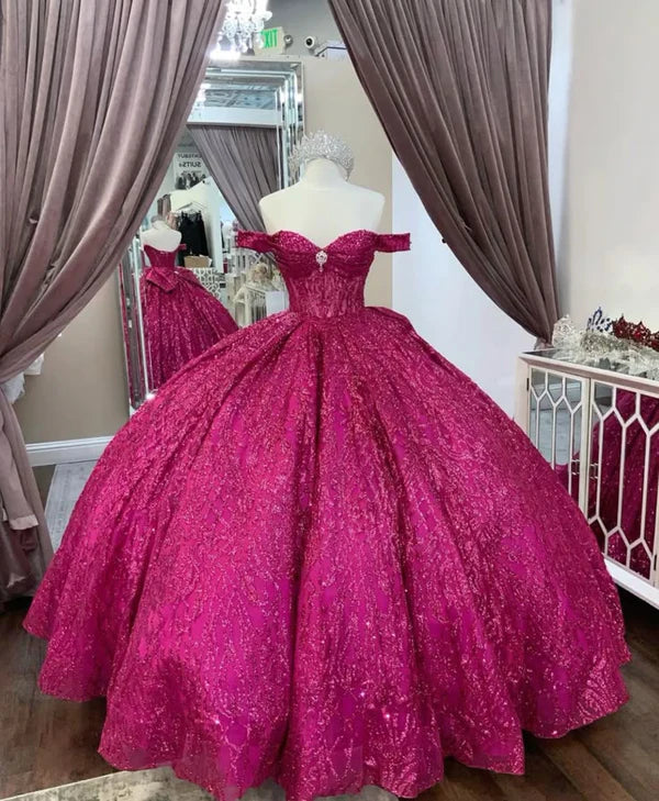 Fuchsia Sequin Off-the-shoulder Ball Gown: Heavy Sparkle Tulle, Heart Neckline Waist, Banquet Centerpiece Princess Dress gh6588