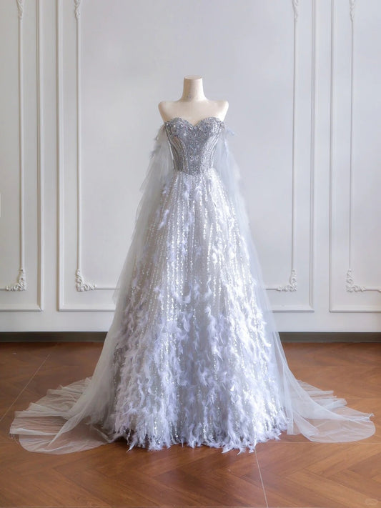 Girlhomeshops - Robe de mariée longue en tulle gris violet avec plumes et diamants, perles exquises, gh5486