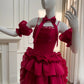 girlhomeshops-Burgundy Satin Spaghetti-Strap Puff-Sleeve Train Gown  gh6383