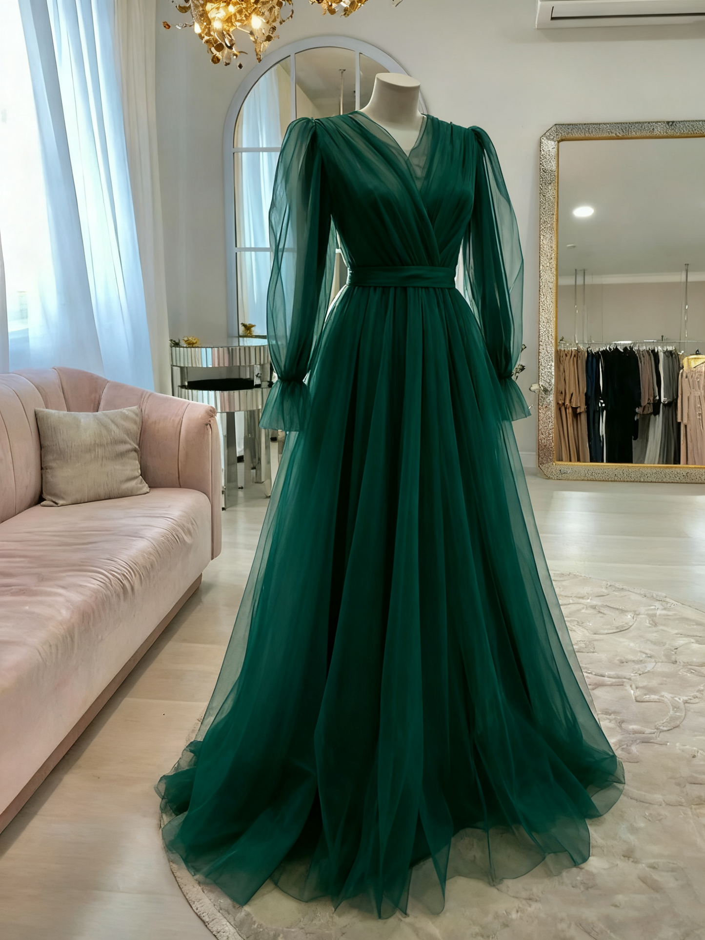 High Quality Pink Simple Elegant Long Sleeve Tulle Long Evening Dress, Ball Gown, Wedding Dress, Wedding Guest Dress,Gala Dress Gh2215