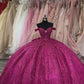 Fuchsia Sequin Off-the-shoulder Ball Gown: Heavy Sparkle Tulle, Heart Neckline Waist, Banquet Centerpiece Princess Dress gh6588