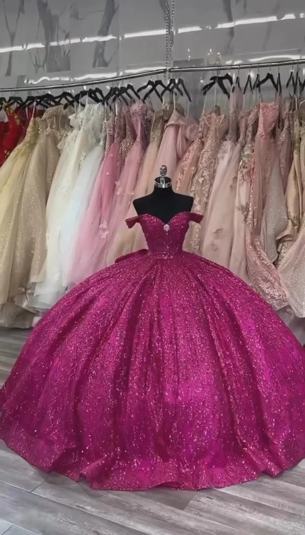 Fuchsia Sequin Off-the-shoulder Ball Gown: Heavy Sparkle Tulle, Heart Neckline Waist, Banquet Centerpiece Princess Dress gh6588