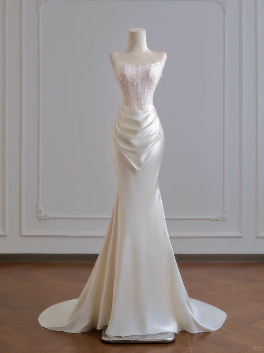 Girlhomeshops--✨Exquisites langes bodenlanges Satin-Ballkleid aus Spitze, Brautkleid gh5481