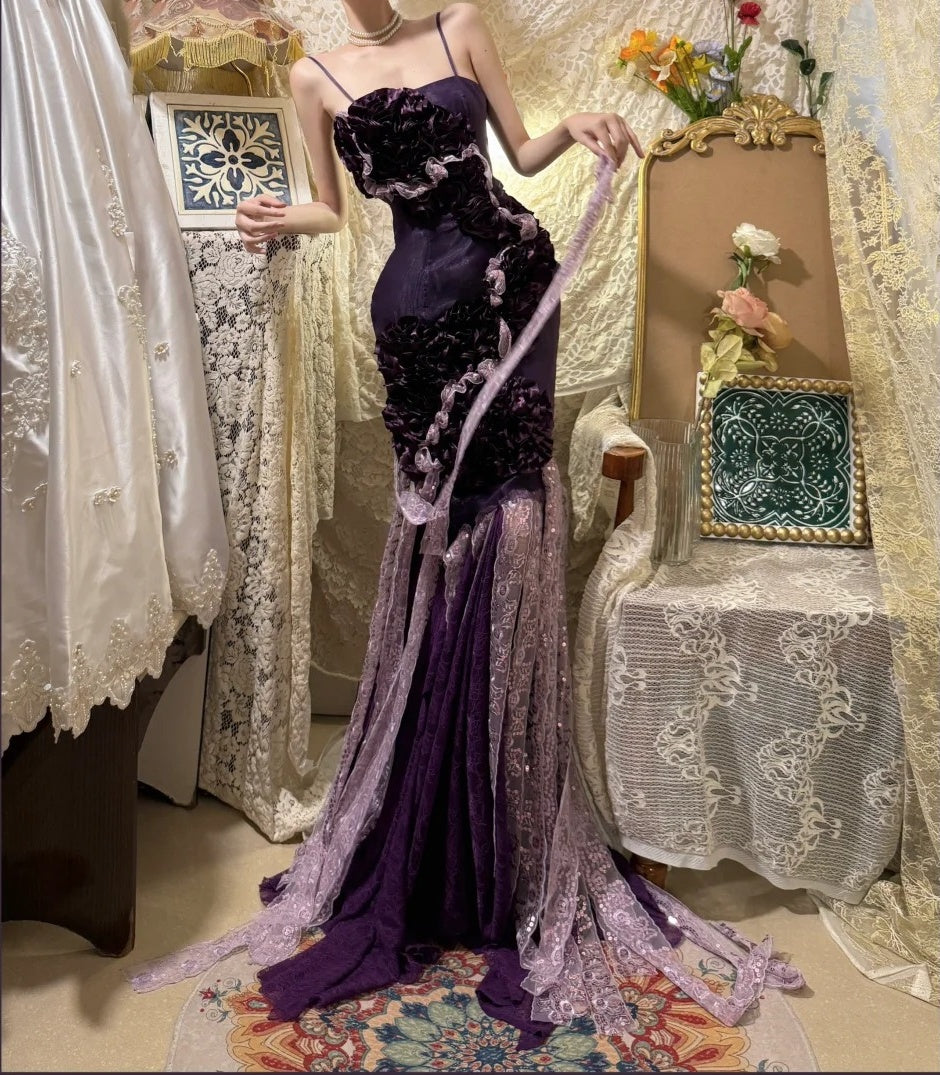 Purple Vintage Elegant Unique Long Floral Satin Prom Dress Evening Dress Graduation Dress gh4256