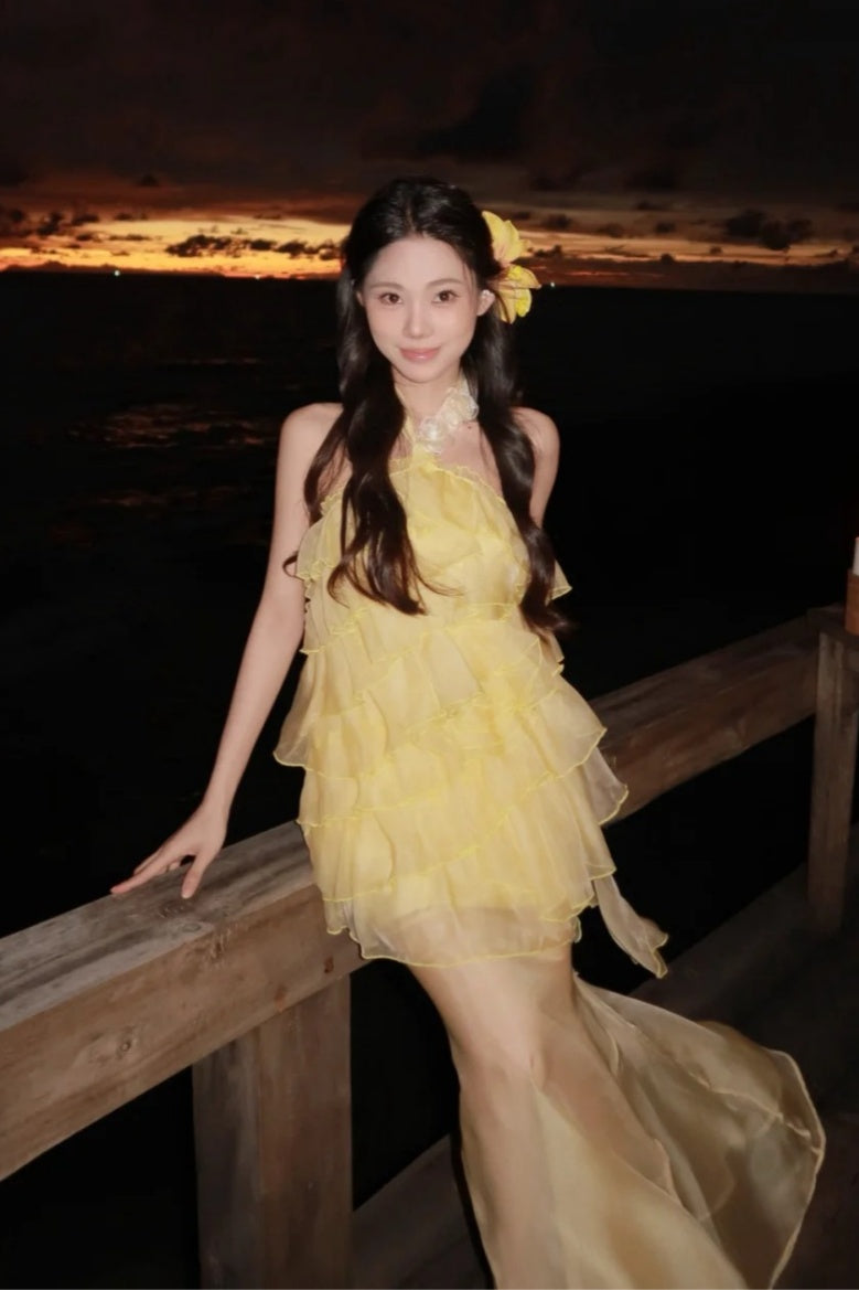 Robe de plage jaune, robe de soirée, robe en mousseline gh6634