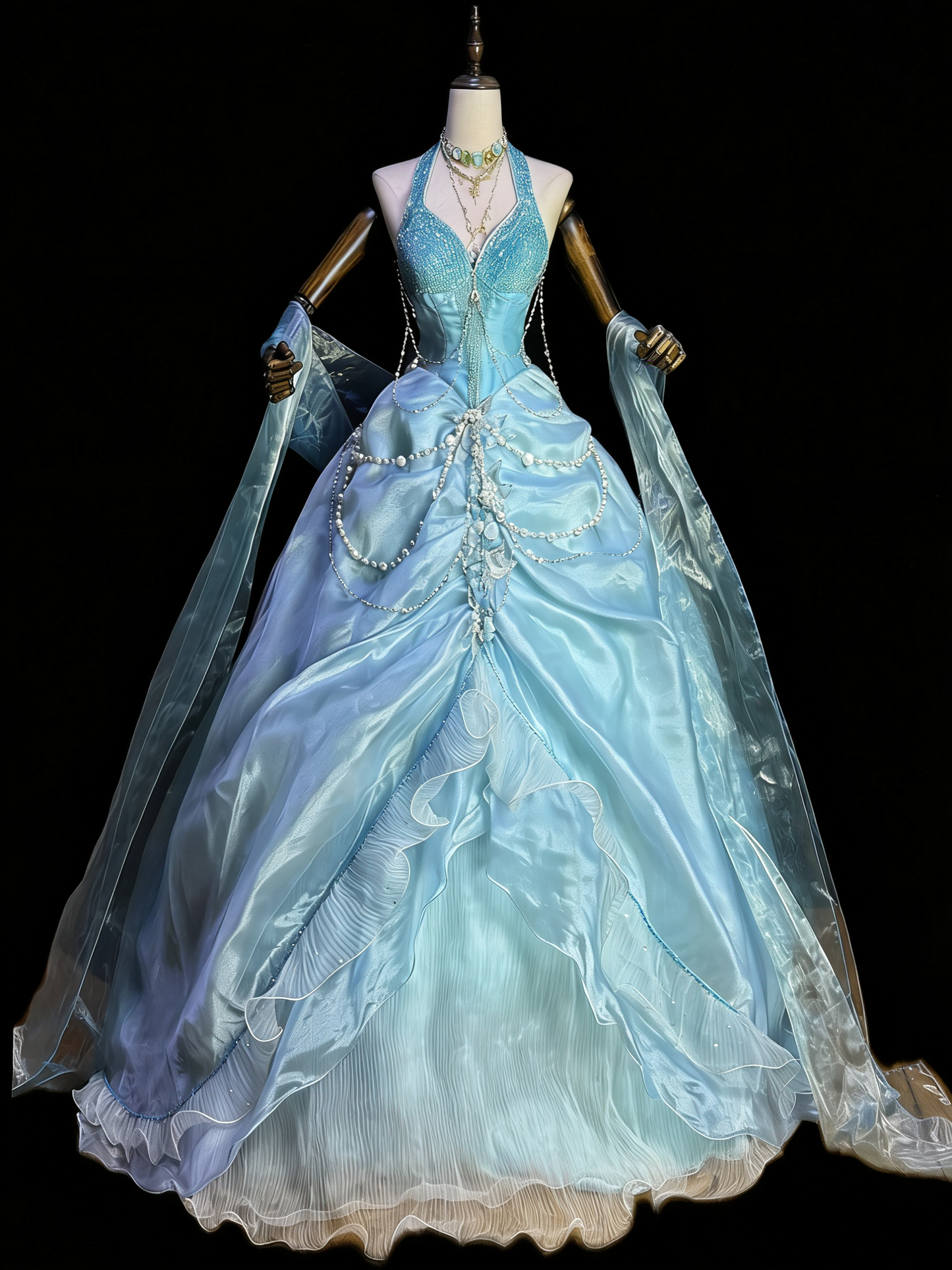 Meerjungfrauen-Ballkleid in Meeresblau mit Neckholder, Perlen und Quasten – Hochzeits- und Cosplay-Kleid im Ozean-Stil gh6557