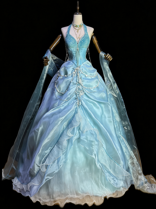 Robe de bal sirène bleu marine à col halter et pompons perlés - Thème océan - Mariage et cosplay gh6557