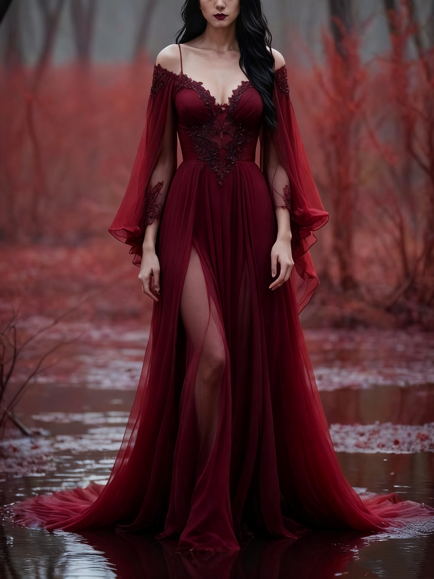 girlhomeshops-Langarm Tüll Bodenlang Schleppe Retro Elegant Ballkleid Abendkleid gh5943