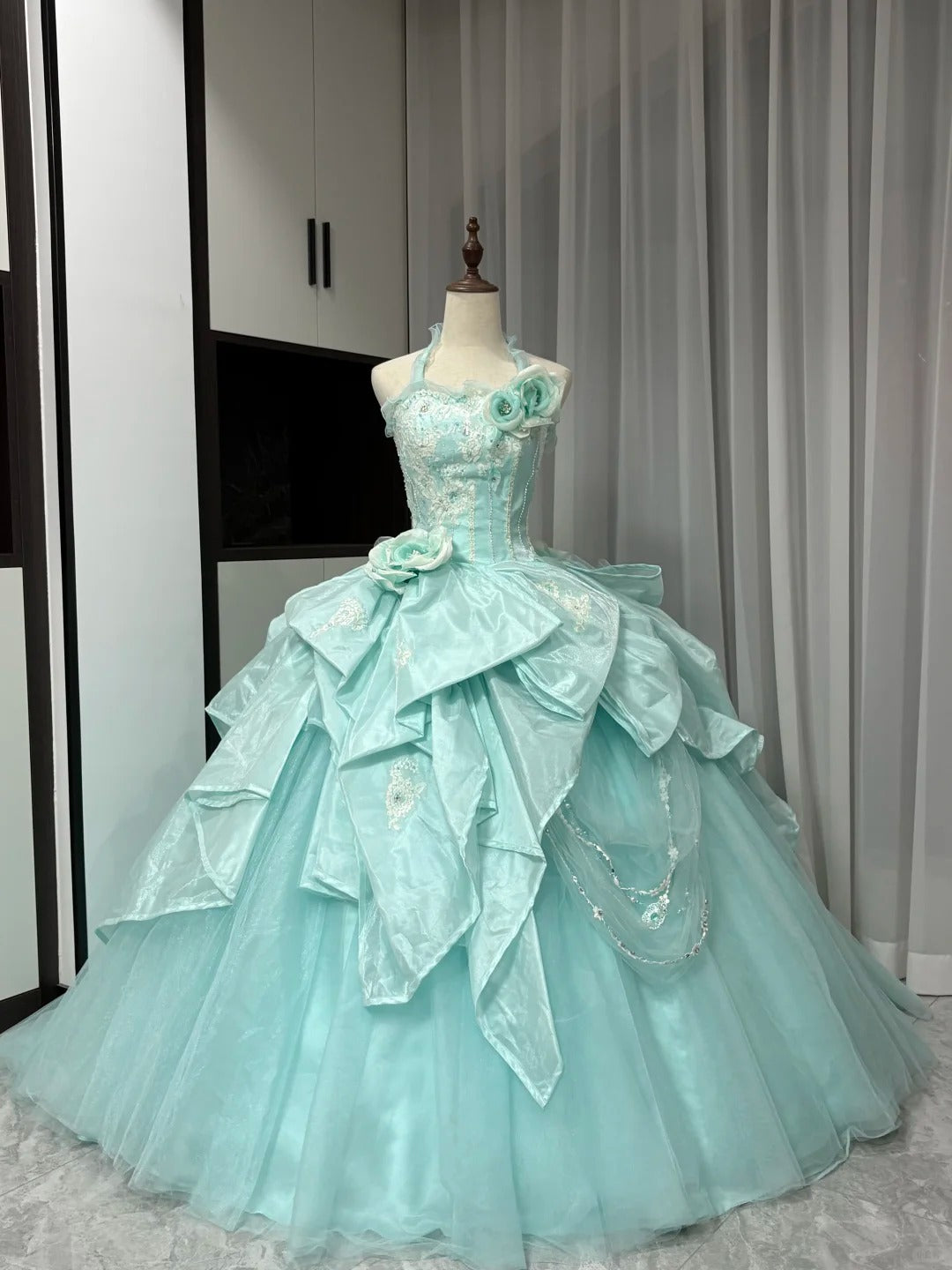 Robe de soirée longue en satin et tulle, vert menthe, magnifique, ornée de perles, gh4827