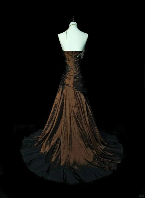 Brown & Black Gradient Satin One-shoulder Gown: Heavy Embroidery, Mermaid dress, High-end Evening Maxi Dress gh6587