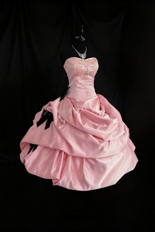 girlhomeshops-Girlish Heart Party Style Rosa Satin &amp; Schwarze Schleife Perlen Trägerlos Bodenlang Geburtstag Highlight Kleid gh5888