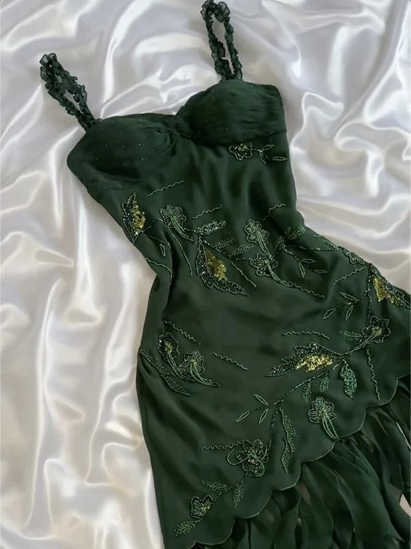 Girlhomeshops-Dark green chiffon short/long ruffled homecoming dress prom dress formal evening dress gh5137