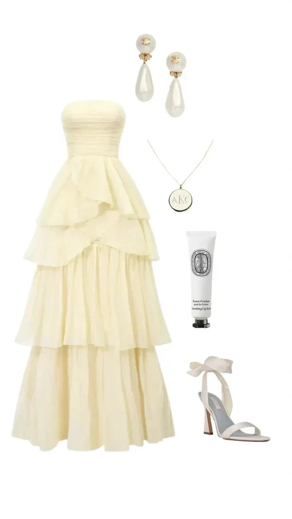 girlhomeshops-- Yellow elegant layered long chiffon prom dress graceful wedding guest party dress gh5567