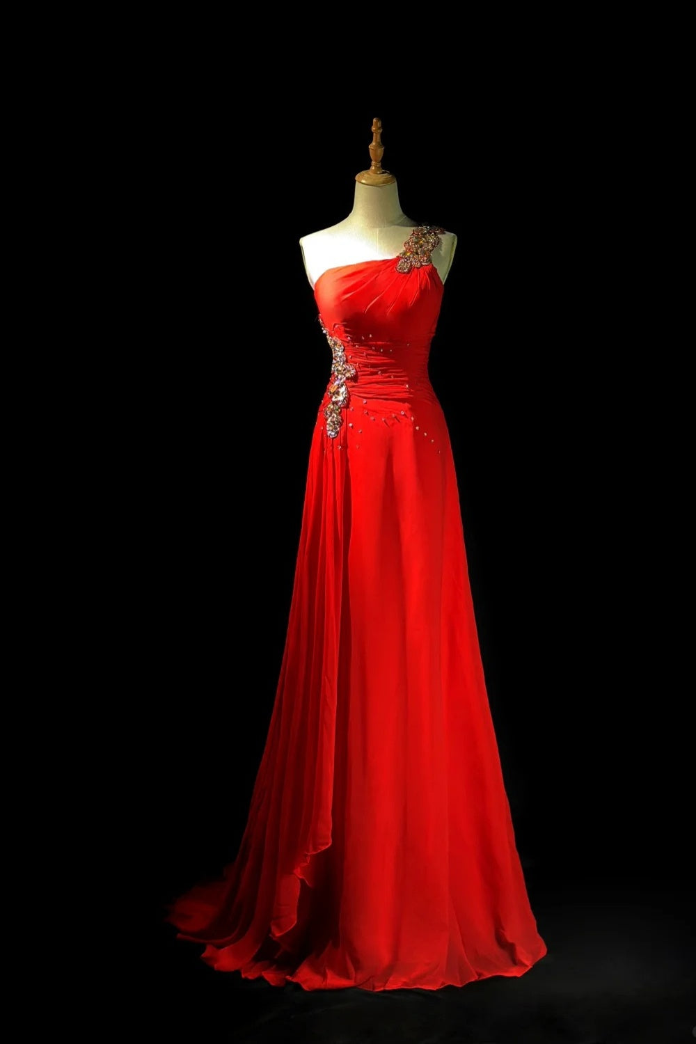 girlhomeshops-Glamouröses, glänzendes, rotes Ballkleid mit einer Schulter und Kristallen, gh5849