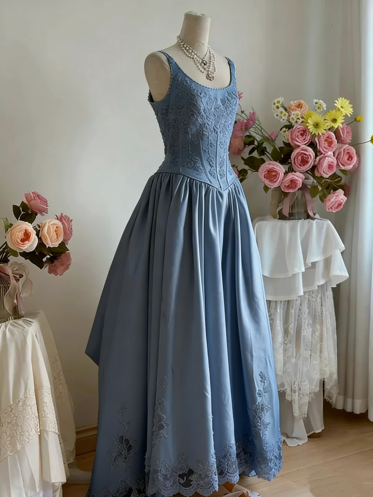 girlhomeshops - Robe longue en satin blanc, élégante et rétro, en dentelle, gh5704