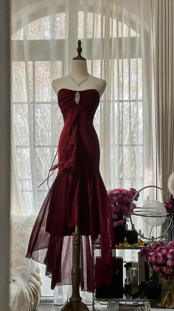 Burgundy Vintage Elegant Exquisite Gem Beaded Long Chiffon Evening Gown Sleeveless Ball Gown Birthday/Wedding Guest Party Dress gh4101