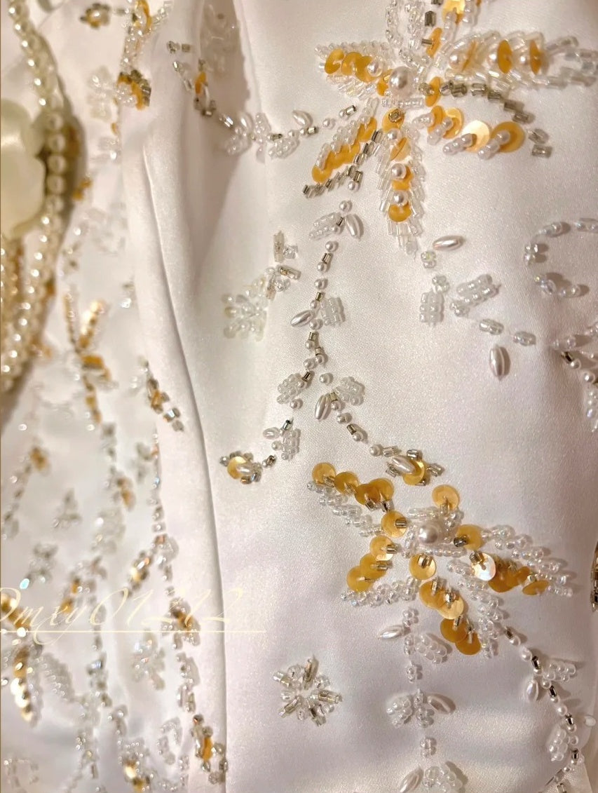 Robe de soirée longue en satin blanc et jaune, robe de mariée, décoration de perles exquise gh4509