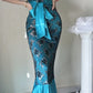 Blue Vintage Floral Elegant Long Satin Mermaid Slim Fit Ball Gown Evening Gown Party Dress gh4710