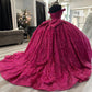 Fuchsia Sequin Off-the-shoulder Ball Gown: Heavy Sparkle Tulle, Heart Neckline Waist, Banquet Centerpiece Princess Dress gh6588