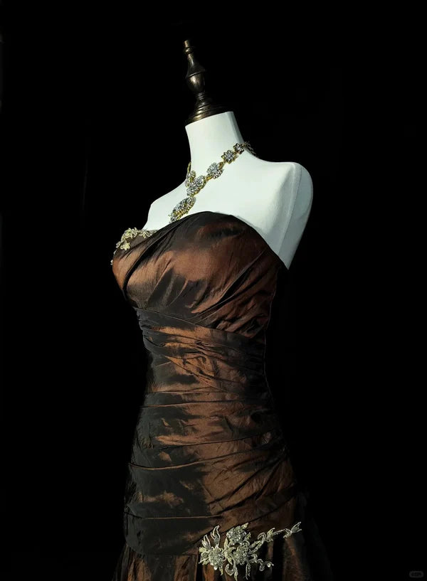 Brown & Black Gradient Satin One-shoulder Gown: Heavy Embroidery, Mermaid dress, High-end Evening Maxi Dress gh6587