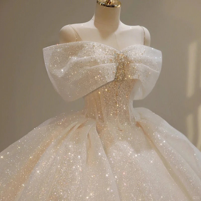 Girlhomeshops - Robe de bal élégante en dentelle blanche, magnifique, épaules dénudées, nœud, décoration en perles étoilées et sol, robe de mariée exquise gh5312