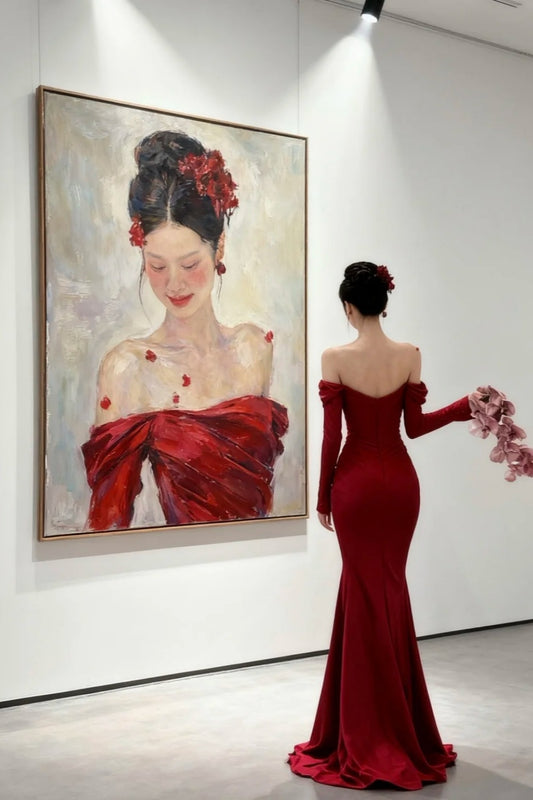 girlhomeshops - Rotes, langärmliges, schulterfreies, figurbetontes, bodenlanges Ballkleid aus Satin gh5961